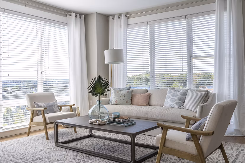 Modern living room with natural light at The Sawyer Providence Farm Apartments