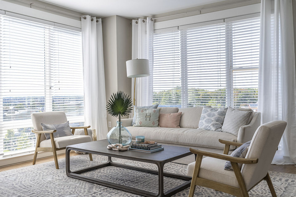 Modern living room with natural light at The Sawyer Providence Farm Apartments