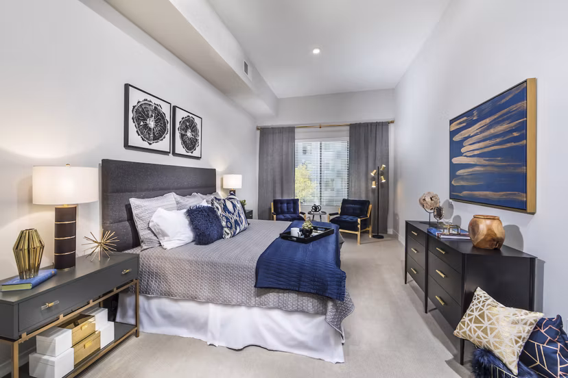 Elegant bedroom with modern decor at Overture Kierland luxury apartments