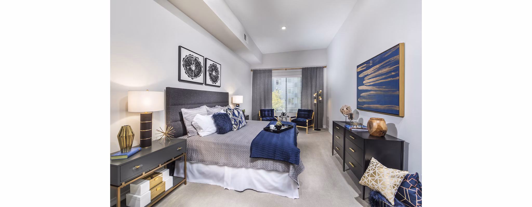 Elegant bedroom with modern decor at Overture Kierland luxury apartments