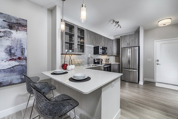 Modern kitchen with granite countertops and stainless steel appliances at Overture Kierland luxury apartments