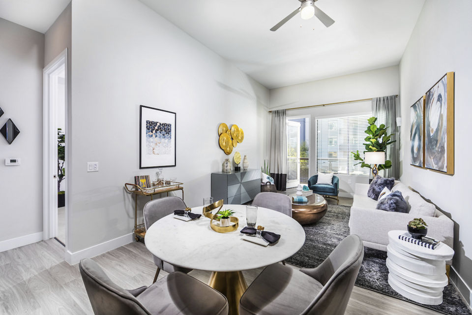 Spacious living room with modern decor at Overture Kierland luxury apartments