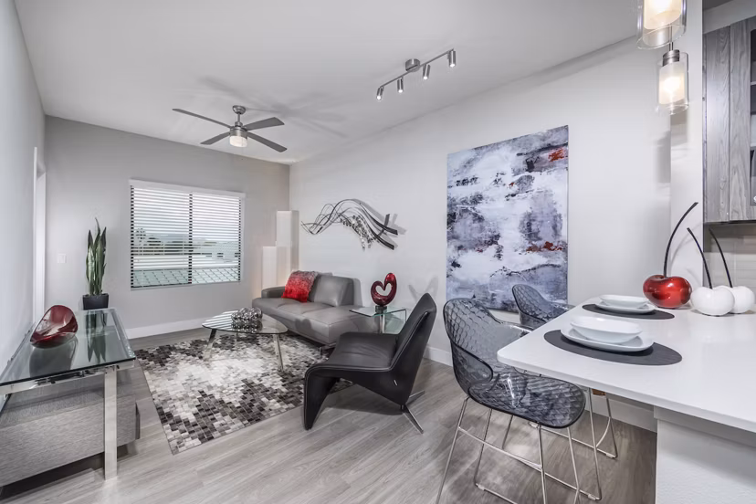 Luxury living room with modern design and stylish furniture at Overture Kierland apartments