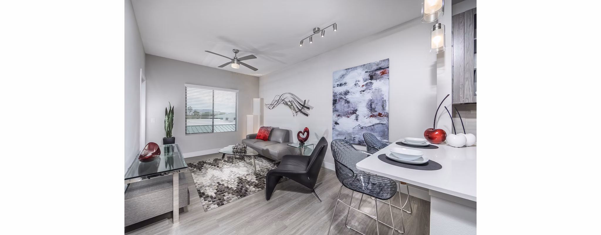 Luxury living room with modern design and stylish furniture at Overture Kierland apartments