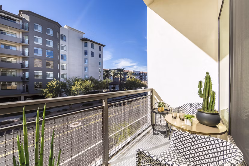 Spacious patio with stylish seating overlooking scenic views at Overture Kierland luxury apartments