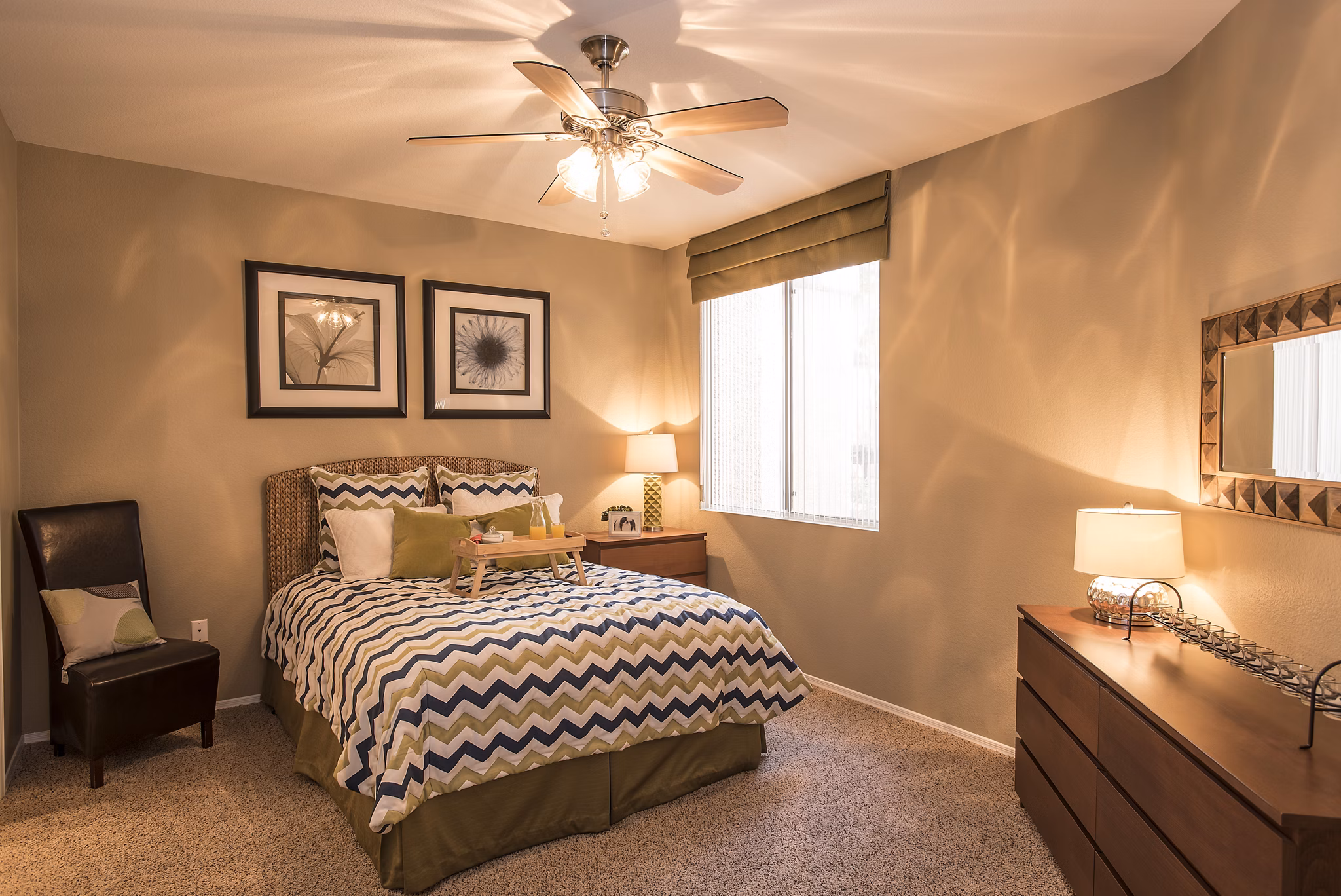 Modern bedroom with elegant design at Santa Rosa Apartments in Greystar community