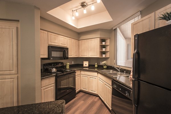Modern kitchen with stainless steel appliances at Santa Rosa Apartments, offering luxury living spaces in a premier location