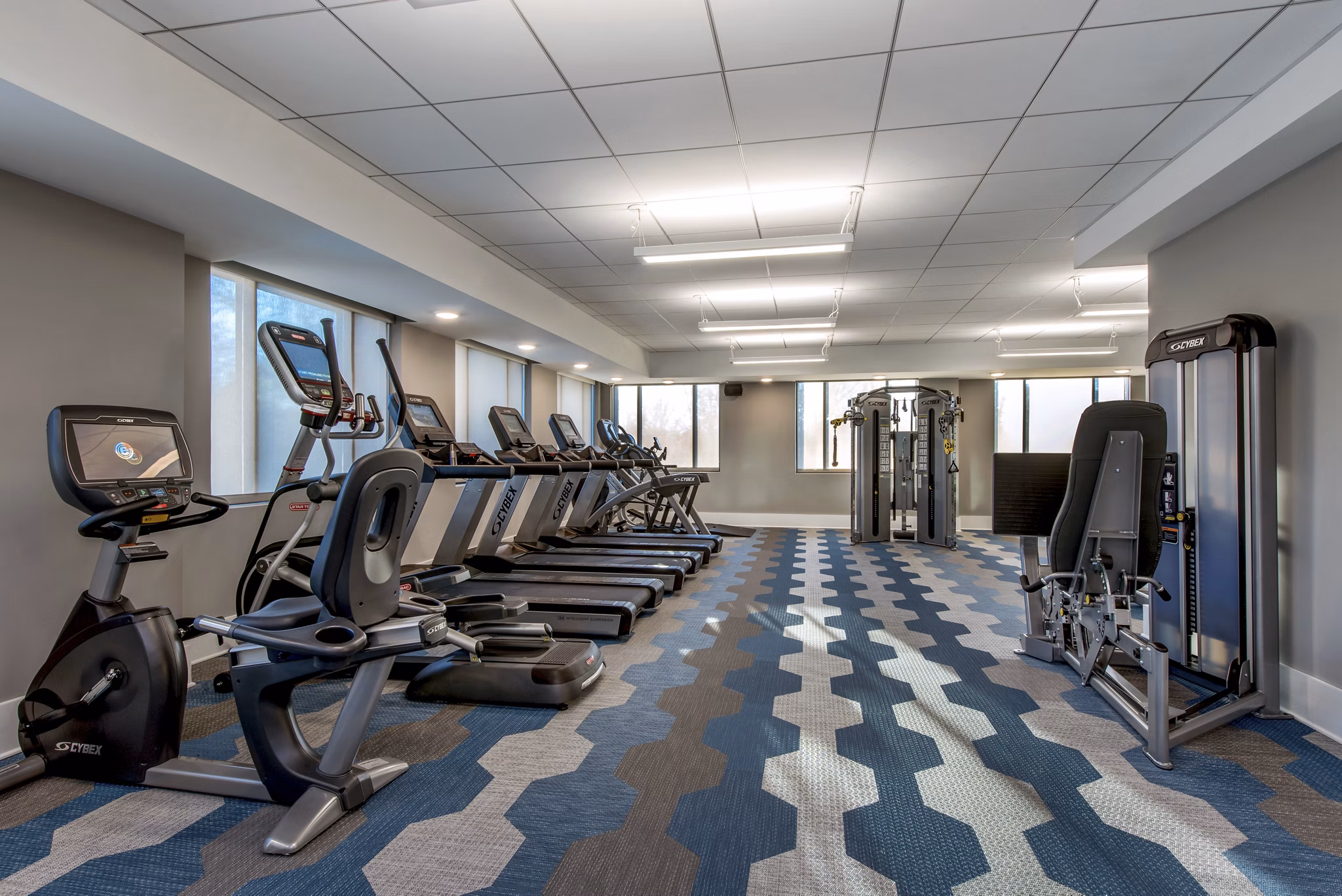 Modern fitness center with treadmills, stationary bikes, and weight machines in luxury apartments