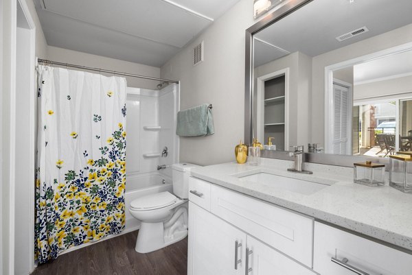 Luxurious bathroom with modern fixtures at Cary Greens at Preston Apartments, highlighting elegance in every detail