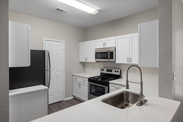 Modern kitchen with sleek appliances and granite countertops at Cary Greens at Preston Apartments