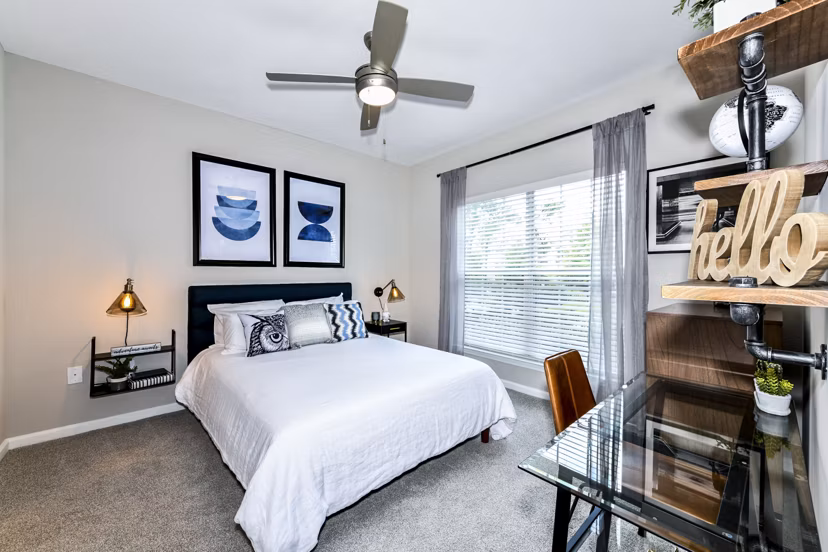 Cozy bedroom with modern decor at Avana City North Apartments