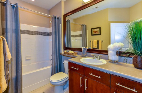 Bathroom with modern fixtures and granite countertops at Avana City North Apartments