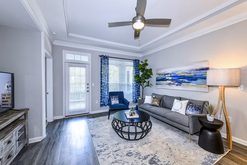 Dining room featuring modern furnishings and elegant lighting at Avana City North Apartments