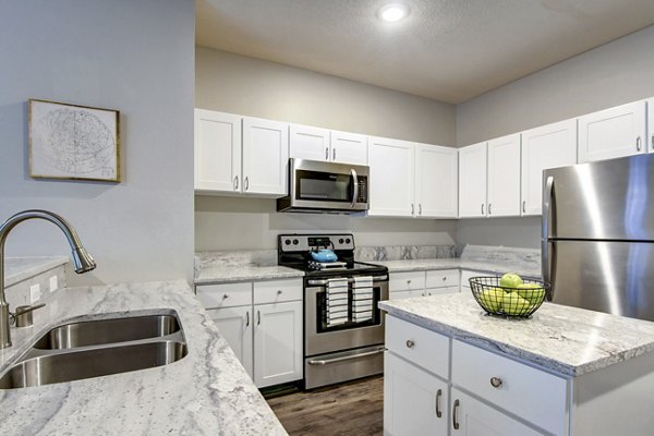 Kitchens featuring modern appliances and granite countertops at The Grand Reserve Apartments