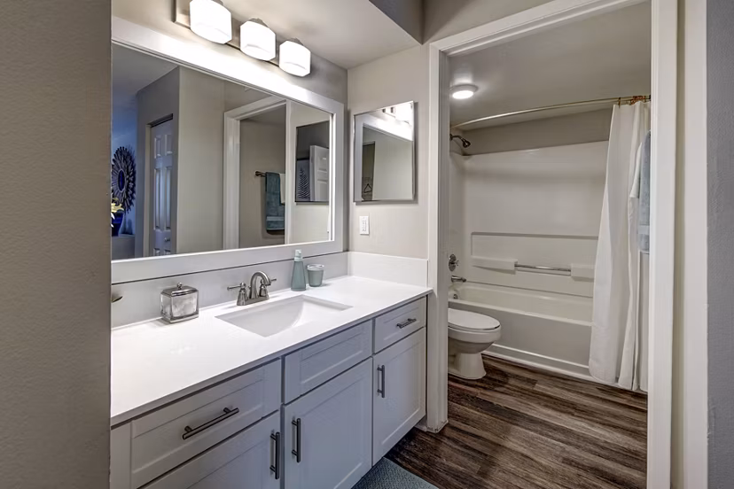 Modern bathroom with sleek fixtures at La Morada at Weston Apartments