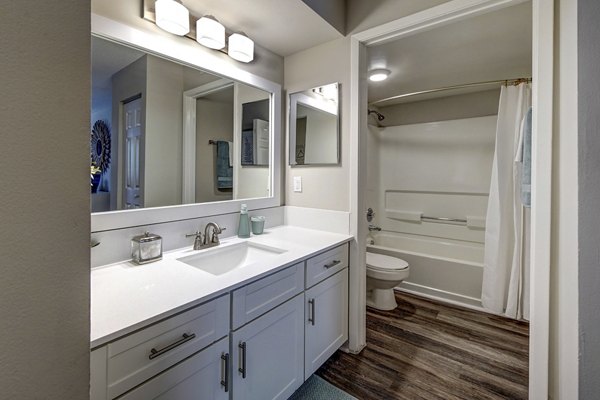 Modern bathroom with sleek fixtures at La Morada at Weston Apartments