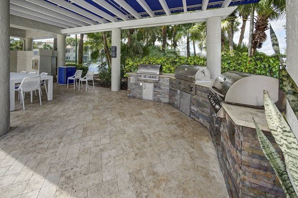 Grill area with outdoor seating at La Morada at Weston Apartments, perfect for gathering and Barbecues