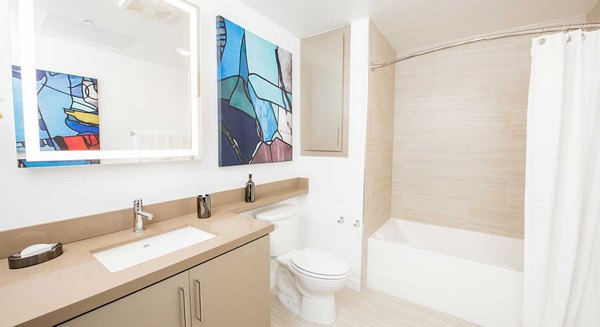 Modern bathroom with sleek fixtures at ONYX Glendale Apartments