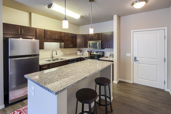 Modern kitchen with stainless steel appliances in Grain Belt Apartments