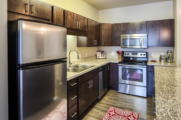 Modern kitchen with stainless steel appliances at Grain Belt Apartments, luxury living in a prime location