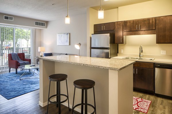 Modern kitchen with stainless steel appliances in Grain Belt Apartments luxury residence