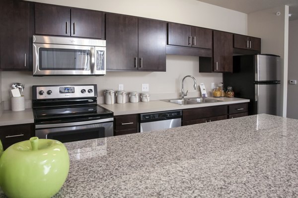 Modern kitchen with stainless steel appliances at Grain Belt Apartments