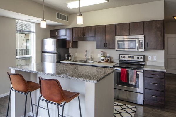 Modern kitchen with stainless steel appliances at Grain Belt Apartments