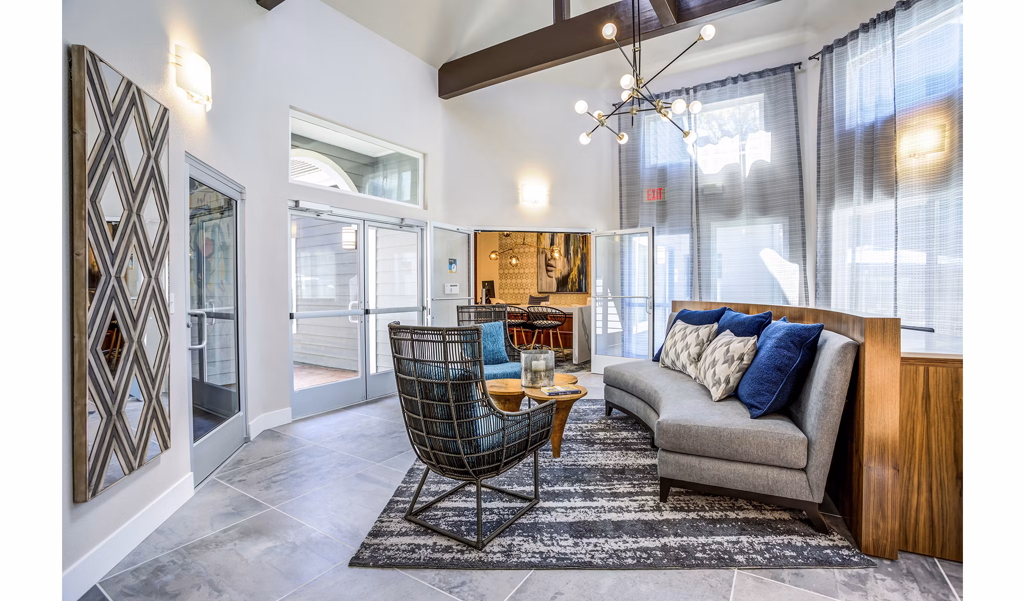 Contemporary clubhouse lobby with elegant decor at Avana Sunnyvale Apartments