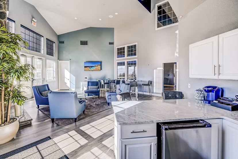 Spacious clubhouse kitchen with modern appliances at Commons at Briargate Apartments