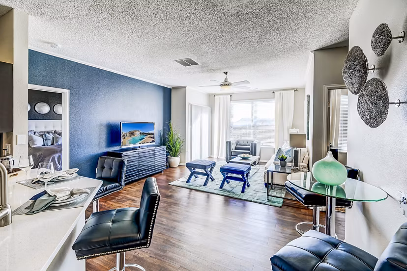 Dining area with modern decor at Commons at Briargate Apartments, Greystar luxury apartments in scenic location