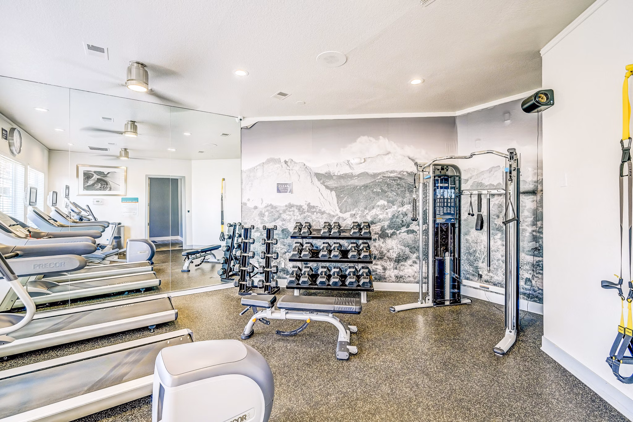 Modern fitness center featuring state-of-the-art equipment at Commons at Briargate Apartments