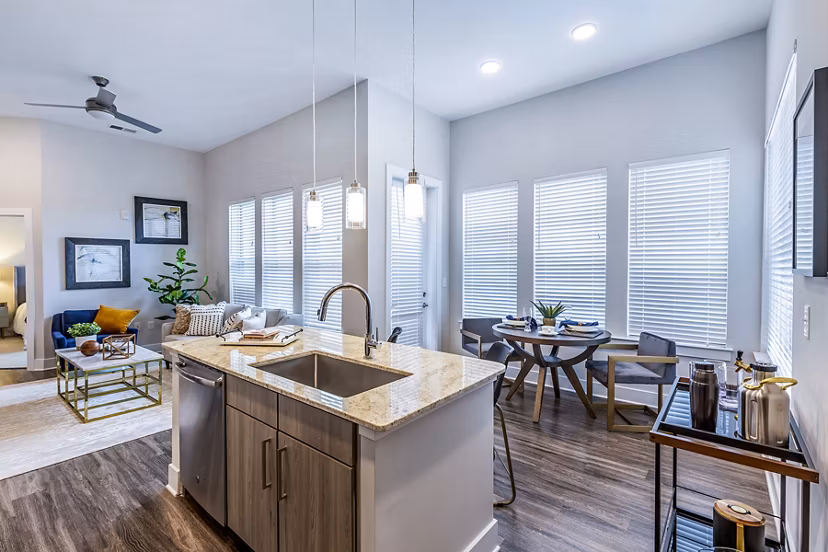 Modern kitchen with stainless steel appliances at Overture Providence Apartments, part of Greystar's luxury apartment offerings