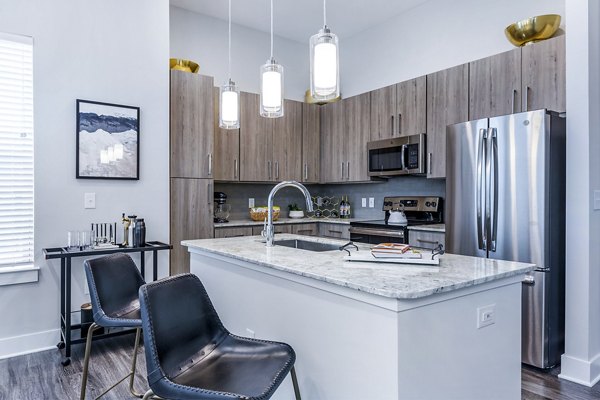 Modern kitchen with sleek appliances and granite countertops in Overture Providence Apartments