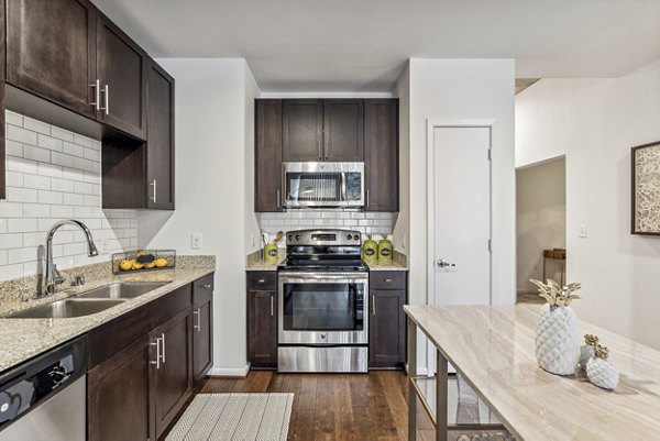 Modern kitchen with stainless steel appliances in Gallery at Turtle Creek Apartments, a luxury Greystar property