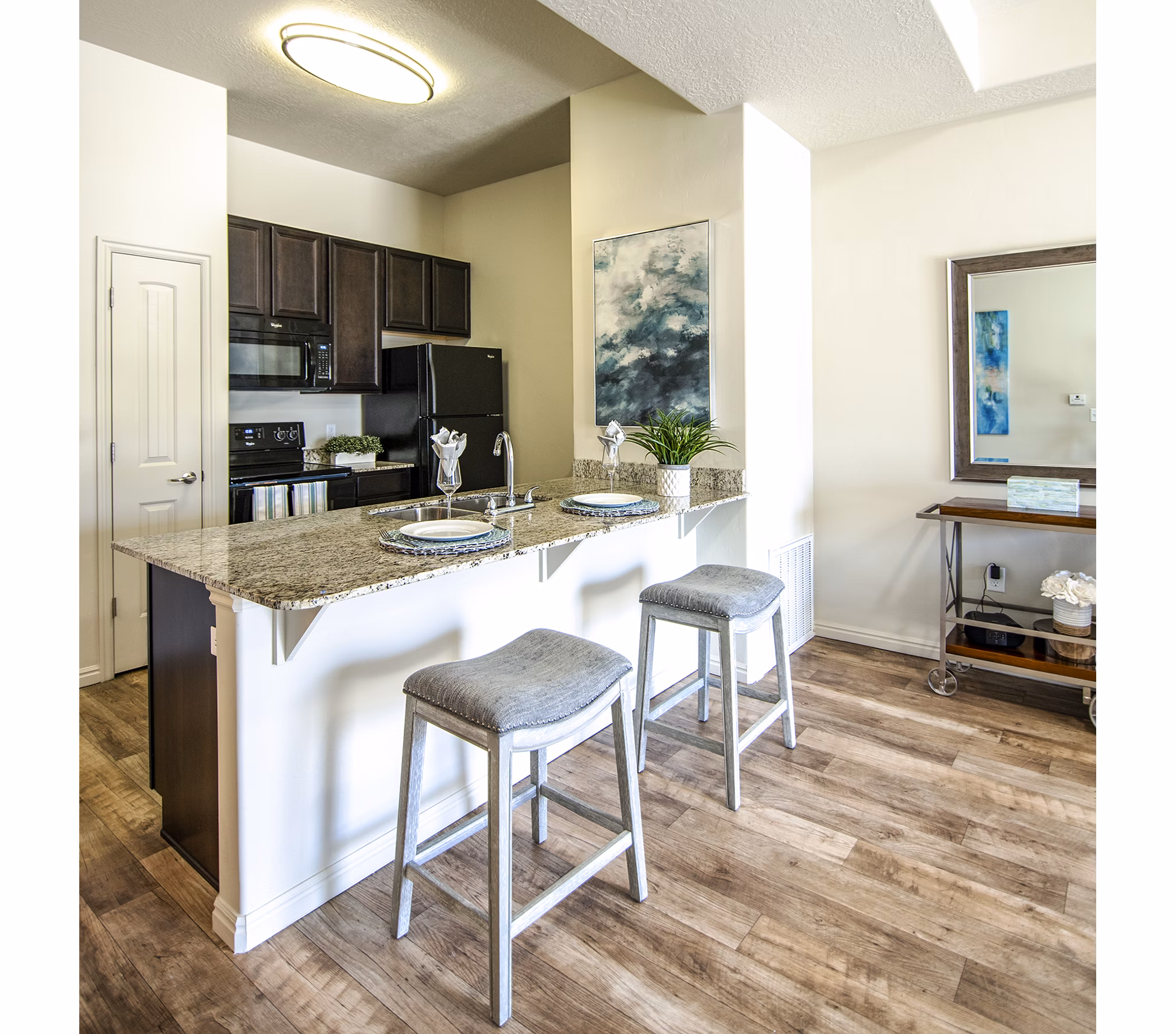 Modern kitchen with stainless steel appliances in Cottages on 7th, a 55+ luxury community apartments