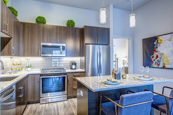 Modern kitchen with stainless steel appliances in Overture Yorktown Apartments