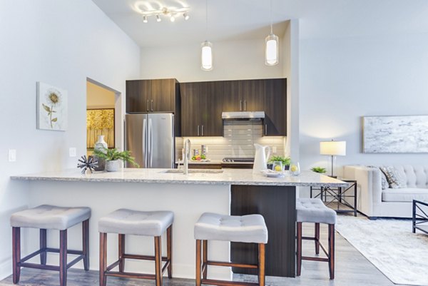 Modern kitchen with stainless steel appliances and granite countertops at Overture Yorktown Apartments, a Greystar luxury property