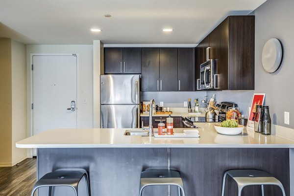Modern kitchen with stainless steel appliances at Zinc Apartments