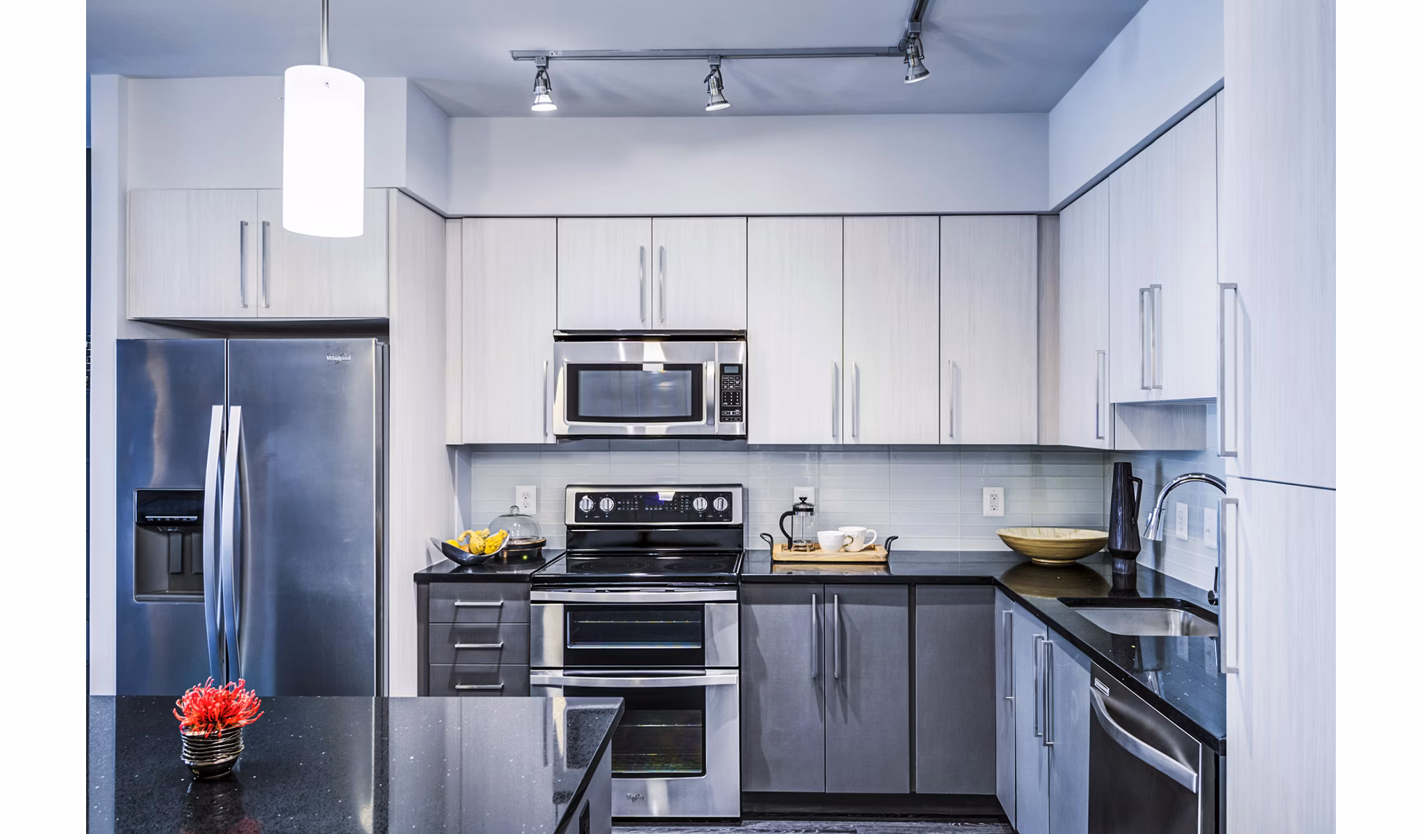 Modern kitchen with stainless steel appliances in Latitude Apartments, offering luxury living in a premier community
