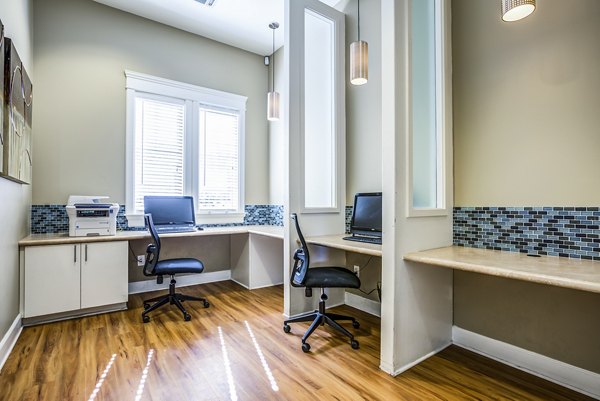 Contemporary business center with workstations and computers at Acacia on Santa Rosa Creek Apartments