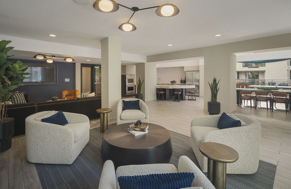 The Desmond Apartments: Modern clubhouse featuring lounge seating and entertainment area