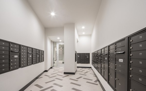 Mail room with organized parcel lockers at The Desmond Apartments, a Greystar luxury community
