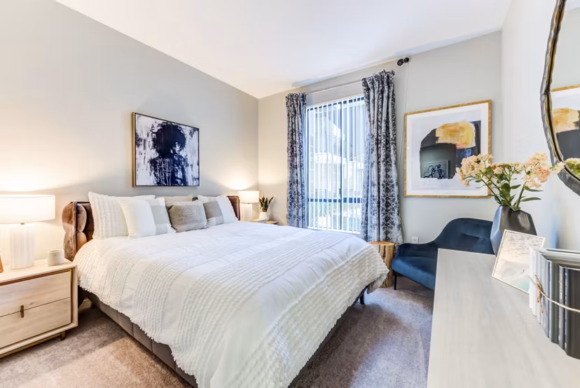 Bedroom at The Gallery: Serene bedroom with modern furnishings at NoHo Commons luxury apartments