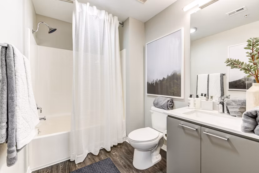 Modern bathroom with elegant fixtures at The Gallery at NoHo Commons Apartments, showcasing luxury living in North Hollywood