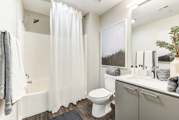 Modern bathroom with elegant fixtures at The Gallery at NoHo Commons Apartments, showcasing luxury living in North Hollywood