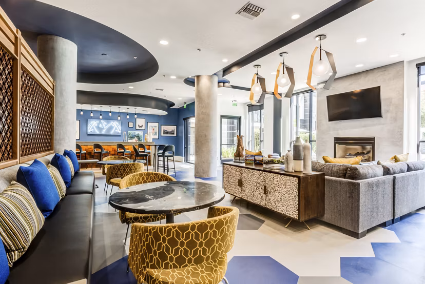 The Gallery at NoHo Commons: Modern clubhouse featuring lounge seating and entertainment spaces