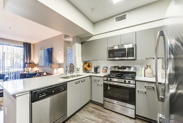 Modern kitchen with stainless steel appliances at The Gallery at NoHo Commons Apartments