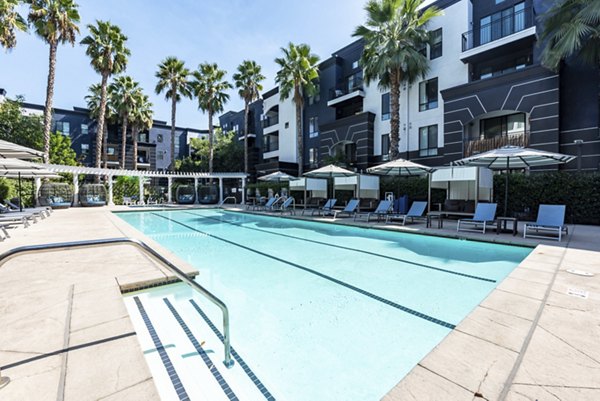 Luxurious pool area at The Gallery at NoHo Commons apartments, featuring stylish lounge chairs and vibrant landscaping for relaxation