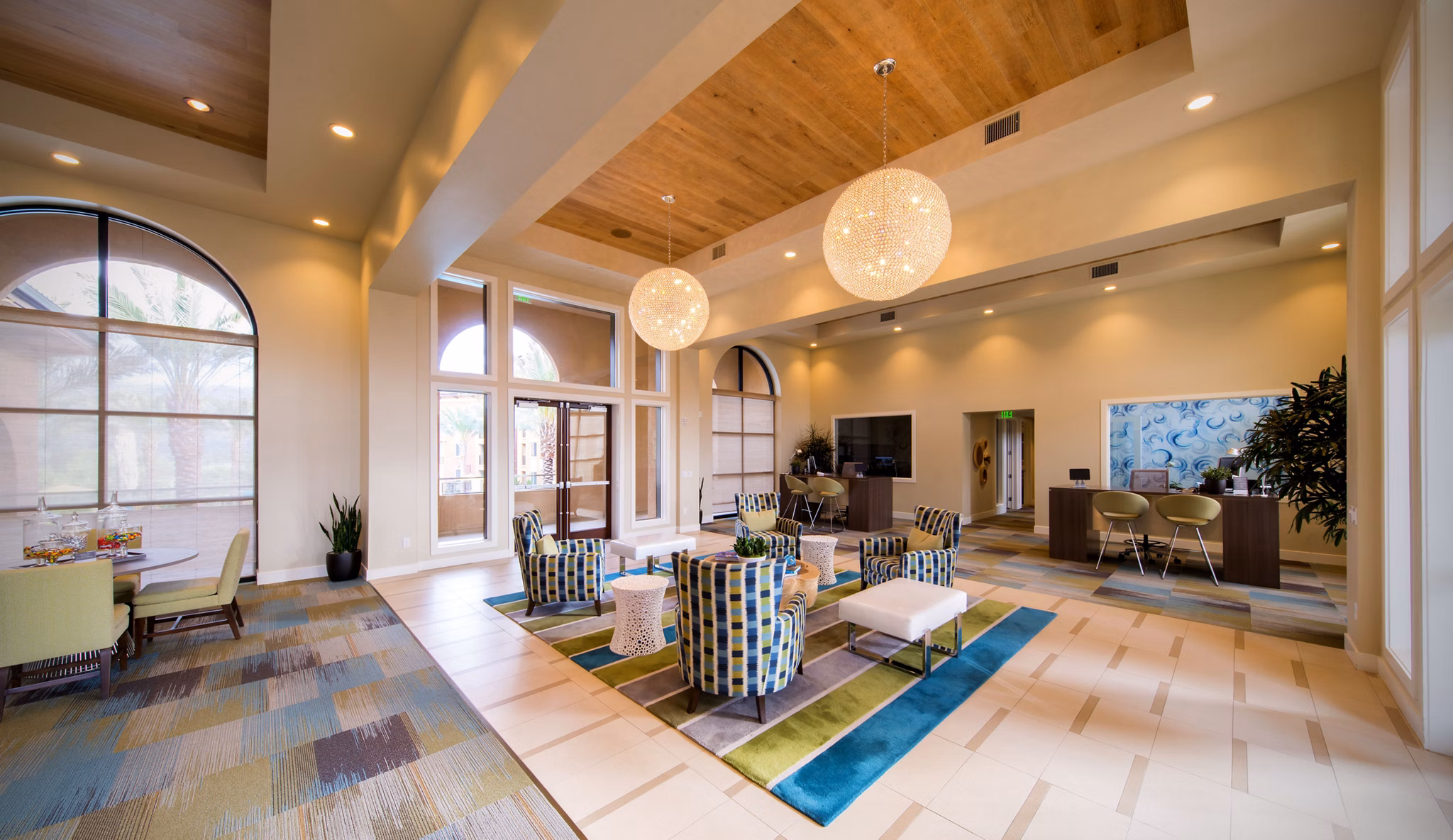 Clubhouse with contemporary design and seating areas at The Verge Apartments in San Diego, CA.