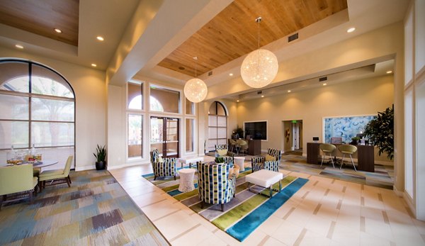 Clubhouse with contemporary design and seating areas at The Verge Apartments in San Diego, CA.